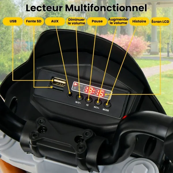 Moto Electrique pour Enfants 12V avec Lumières LED Musique MP3 Roues Antidérapantes 37-95 mois Gris