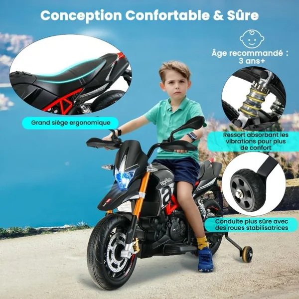 Moto Electrique pour Enfants 12V avec Lumières LED Musique MP3 Roues Antidérapantes 37-95 mois Gris