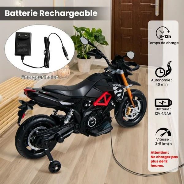 Moto Electrique pour Enfants 12V avec Lumières LED Musique MP3 Roues Antidérapantes 37-95 mois Gris