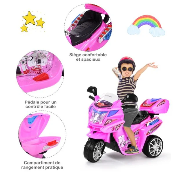 Moto Electrique pour Enfants Scooter 6 V à 3 Roues avec Phares LED 37-84 Mois Charge max.:25 kg Rouge