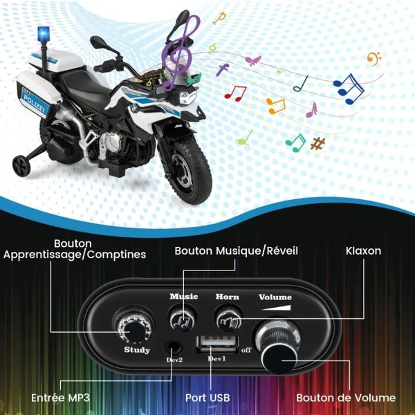 Moto Électrique BMW 12V/7AH pour Enfants 6km/h Modèle Policier avec Klaxon Musique Sirène Phares pour 3-8 Ans