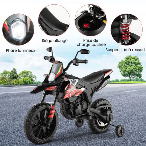 Moto Électrique pour Enfant 3 à 8 Ans avec Musique et Bleutooth Vitesse 5,5 - 6 km/h Batterie 12V Inclus Charge 30 KG Bleu/Blanc/Jaune/Rouge