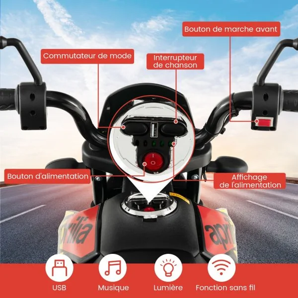 Moto Électrique pour Enfant 3 à 8 Ans avec Musique et Bleutooth Vitesse 5,5 - 6 km/h Batterie 12V Inclus Charge 30 KG Bleu/Blanc/Jaune/Rouge