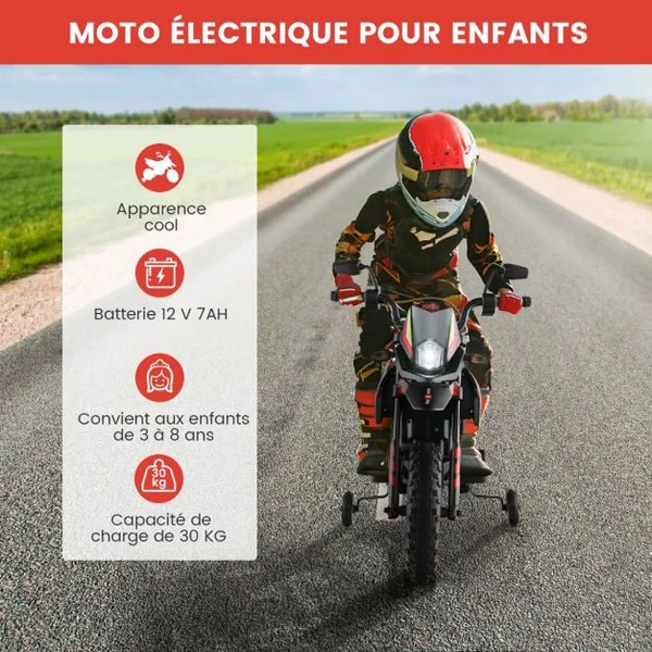 Moto Électrique pour Enfant 3 à 8 Ans avec Musique et Bleutooth Vitesse 5,5 - 6 km/h Batterie 12V Inclus Charge 30 KG Bleu/Blanc/Jaune/Rouge