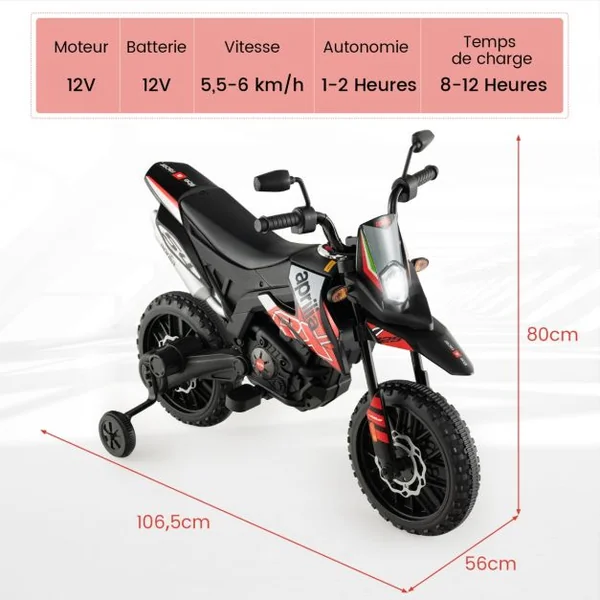 Moto Électrique pour Enfant 3 à 8 Ans avec Musique et Bleutooth Vitesse 5,5 - 6 km/h Batterie 12V Inclus Charge 30 KG Bleu/Blanc/Jaune/Rouge