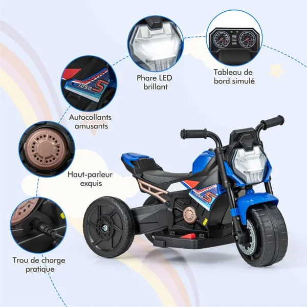 Moto Électrique pour Enfants Alimentée par Batterie 6V avec Conversion 3 Roues & Roues d'Entraînement Détachables pour 18-36 Mois Rouge