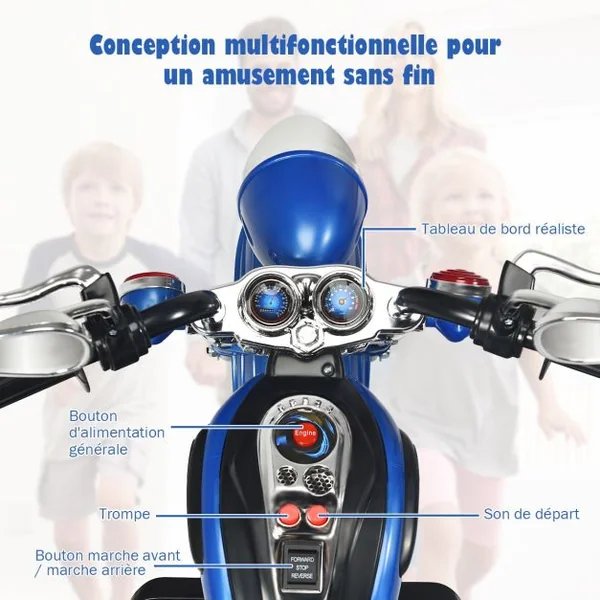 Moto Électrique Scooter 3 Roues pour Enfants 6V 3 Km/h Effet Sonore et Lumineux 3 Ans + Style de Chopper 8 Couleur à Choix