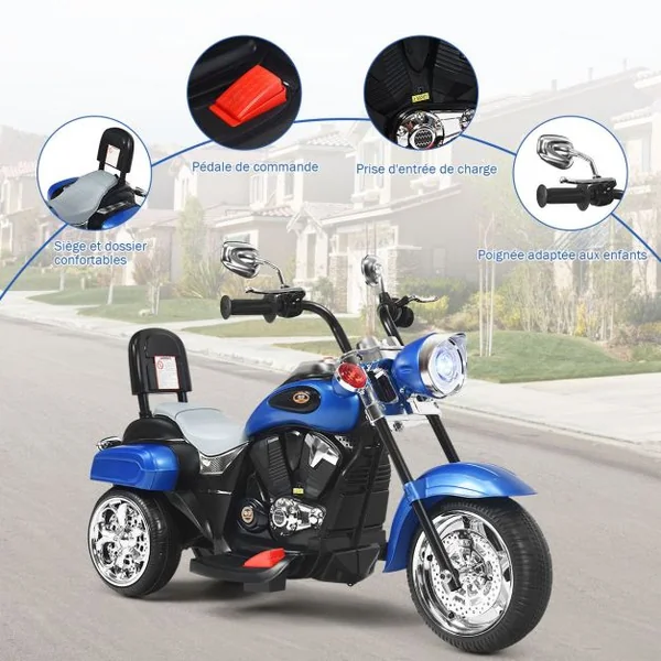 Moto Électrique Scooter 3 Roues pour Enfants 6V 3 Km/h Effet Sonore et Lumineux 3 Ans + Style de Chopper 8 Couleur à Choix