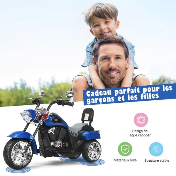 Moto Électrique Scooter 3 Roues pour Enfants 6V 3 Km/h Effet Sonore et Lumineux 3 Ans + Style de Chopper 8 Couleur à Choix