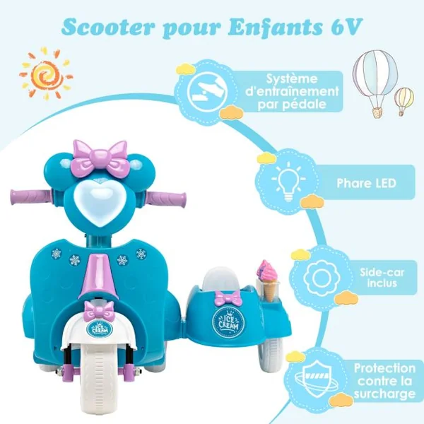 Moto/Scooter Électrique 6V pour Enfant Side Car 2,5 km/h, Phare LED 3 à 8 Ans Bleu