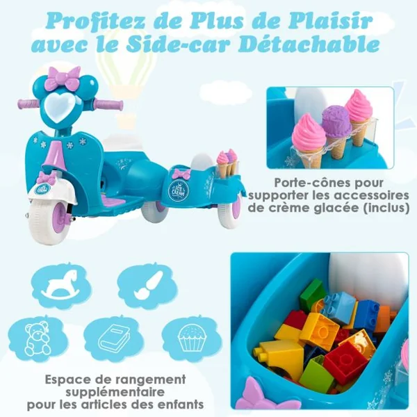 Moto/Scooter Électrique 6V pour Enfant Side Car 2,5 km/h, Phare LED 3 à 8 Ans Bleu