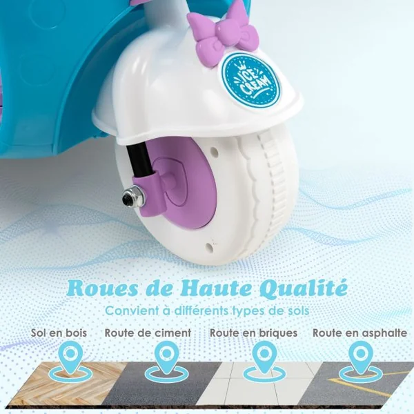 Moto/Scooter Électrique 6V pour Enfant Side Car 2,5 km/h, Phare LED 3 à 8 Ans Bleu