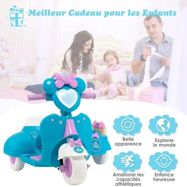 Moto/Scooter Électrique 6V pour Enfant Side Car 2,5 km/h, Phare LED 3 à 8 Ans Bleu
