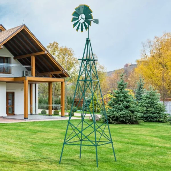Moulin à Vent Ornemental en Métal Tout Temps avec Piquets Moulin Roulement à Bille Résistant aux intempéries Dia. du Rotor 45cm Gris/Vert