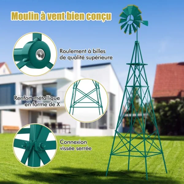 Moulin à Vent Ornemental en Métal Tout Temps avec Piquets Moulin Roulement à Bille Résistant aux intempéries Dia. du Rotor 45cm Gris/Vert