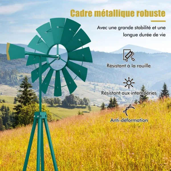 Moulin à Vent Ornemental en Métal Tout Temps avec Piquets Moulin Roulement à Bille Résistant aux intempéries Dia. du Rotor 45cm Gris/Vert