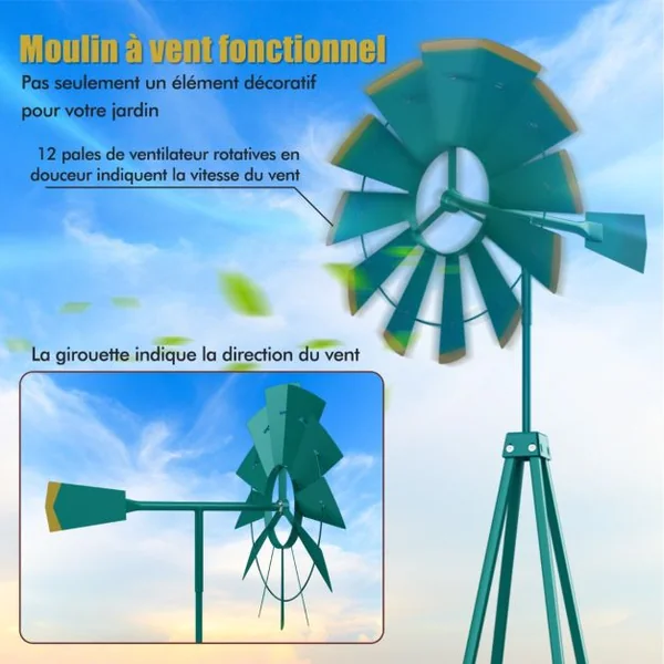 Moulin à Vent Ornemental en Métal Tout Temps avec Piquets Moulin Roulement à Bille Résistant aux intempéries Dia. du Rotor 45cm Gris/Vert