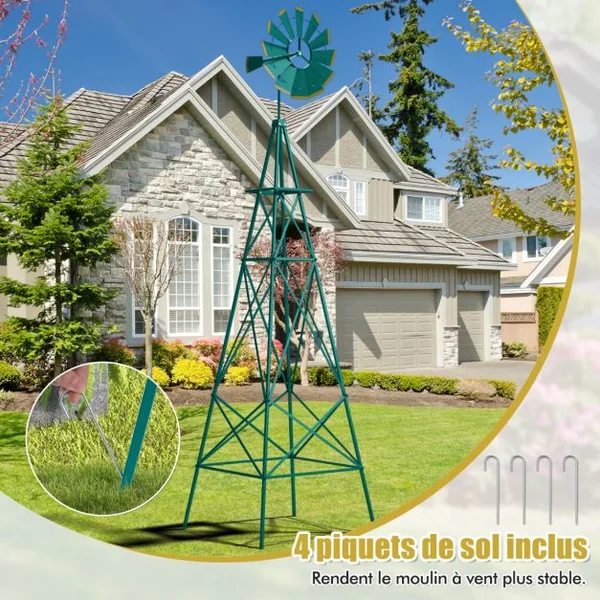 Moulin à Vent Ornemental en Métal Tout Temps avec Piquets Moulin Roulement à Bille Résistant aux intempéries Dia. du Rotor 45cm Gris/Vert