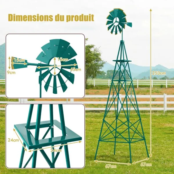 Moulin à Vent Ornemental en Métal Tout Temps avec Piquets Moulin Roulement à Bille Résistant aux intempéries Dia. du Rotor 45cm Gris/Vert