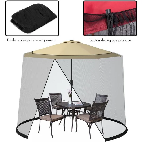Moustiquaire pour Parasol Cylindrique Parasol 3M en Maille Baldaquin Fermeture à Glissière Double Face Tuyau Coupe-vent Noir