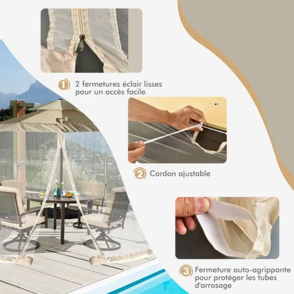 Moustiquaire pour Parasol en Maille Polyester avec Fermeture Eclair et Base Remplissable pour Parasol de ø2,5 à 3 m Noir/Beige