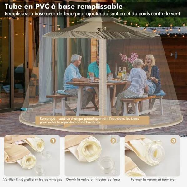 Moustiquaire pour Parasol en Maille Polyester avec Fermeture Eclair et Base Remplissable pour Parasol de ø2,5 à 3 m Noir/Beige