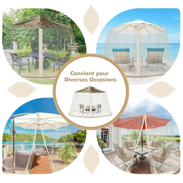 Moustiquaire pour Parasol en Maille Polyester avec Fermeture Eclair et Base Remplissable pour Parasol de ø2,5 à 3 m Noir/Beige