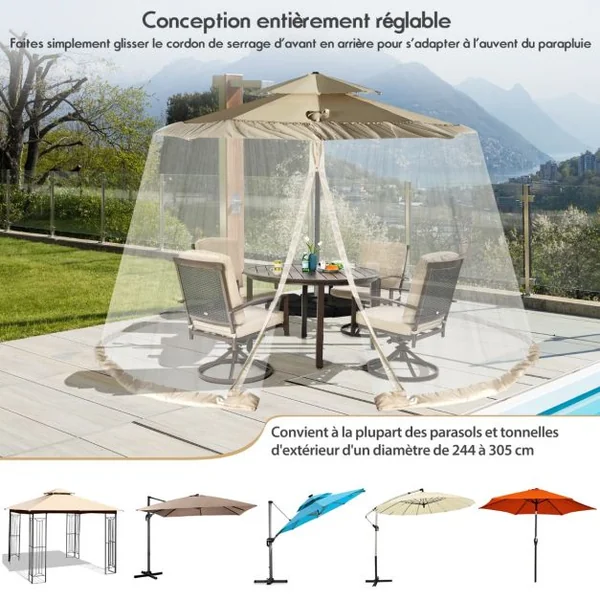 Moustiquaire pour Parasol en Maille Polyester avec Fermeture Eclair et Base Remplissable pour Parasol de ø2,5 à 3 m Noir/Beige