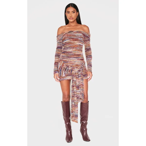 Multicolore Robe Moulante À Épaules Dénudées Avec Détail Drapé Et Texture Brossée