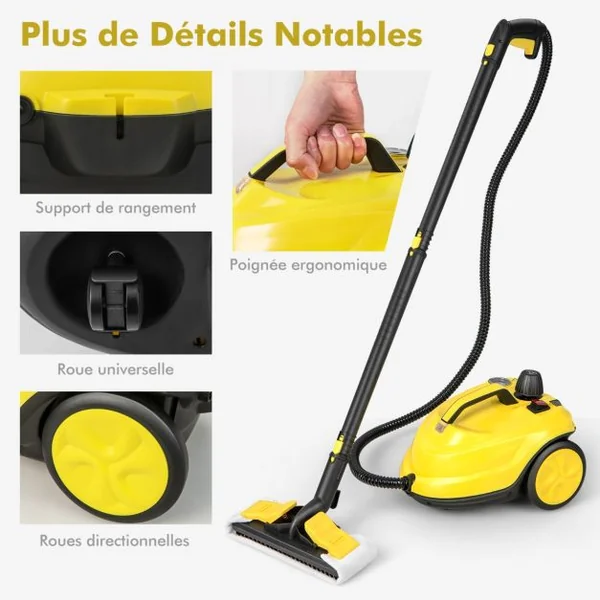 Nettoyeur à Vapeur Polyvalent de 2000W avec 13 Accessoires avec Roulettes 5 Bars Réservoir de 1,8 L Nettoyer Plancher Tapis Rideaux Jaune