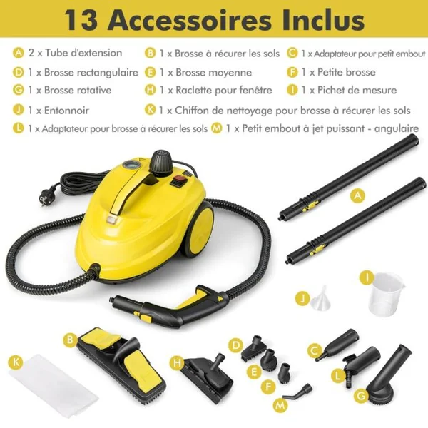 Nettoyeur à Vapeur Polyvalent de 2000W avec 13 Accessoires avec Roulettes 5 Bars Réservoir de 1,8 L Nettoyer Plancher Tapis Rideaux Jaune