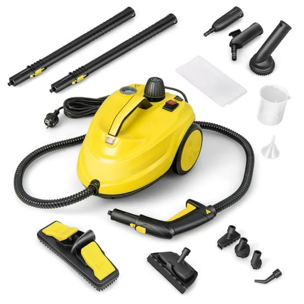 Nettoyeur à Vapeur Polyvalent de 2000W avec 13 Accessoires Nettoyeur Vapeur à Roulettes 5 Bars avec Réservoir de 1,8 L Jaune