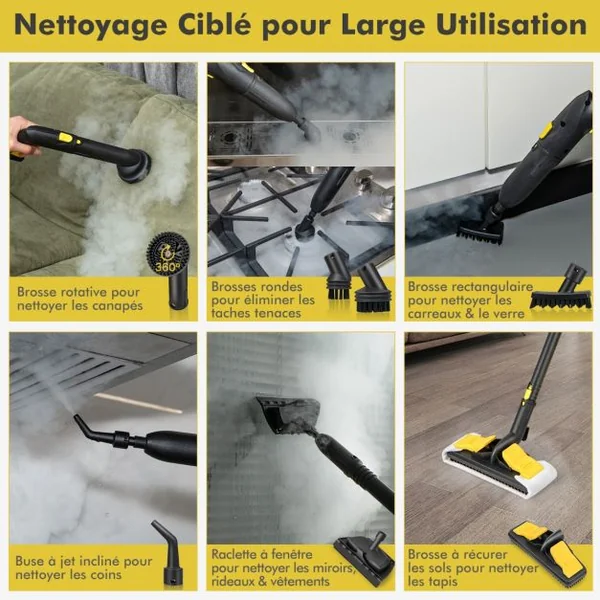 Nettoyeur à Vapeur Polyvalent de 2000W avec 13 Accessoires Nettoyeur Vapeur à Roulettes 5 Bars avec Réservoir de 1,8 L Jaune
