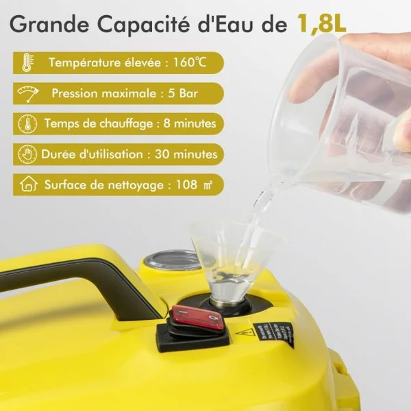 Nettoyeur à Vapeur Polyvalent de 2000W avec 13 Accessoires Nettoyeur Vapeur à Roulettes 5 Bars avec Réservoir de 1,8 L Jaune