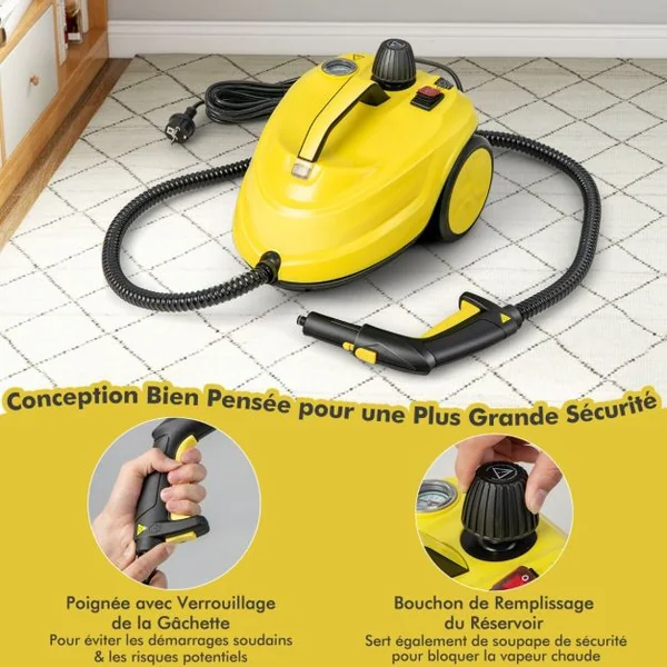 Nettoyeur à Vapeur Polyvalent de 2000W avec 13 Accessoires Nettoyeur Vapeur à Roulettes 5 Bars avec Réservoir de 1,8 L Jaune
