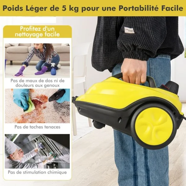 Nettoyeur à Vapeur Polyvalent de 2000W avec 13 Accessoires Nettoyeur Vapeur à Roulettes 5 Bars avec Réservoir de 1,8 L Jaune