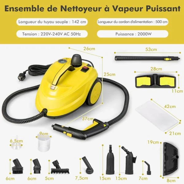 Nettoyeur à Vapeur Polyvalent de 2000W avec 13 Accessoires Nettoyeur Vapeur à Roulettes 5 Bars avec Réservoir de 1,8 L Jaune