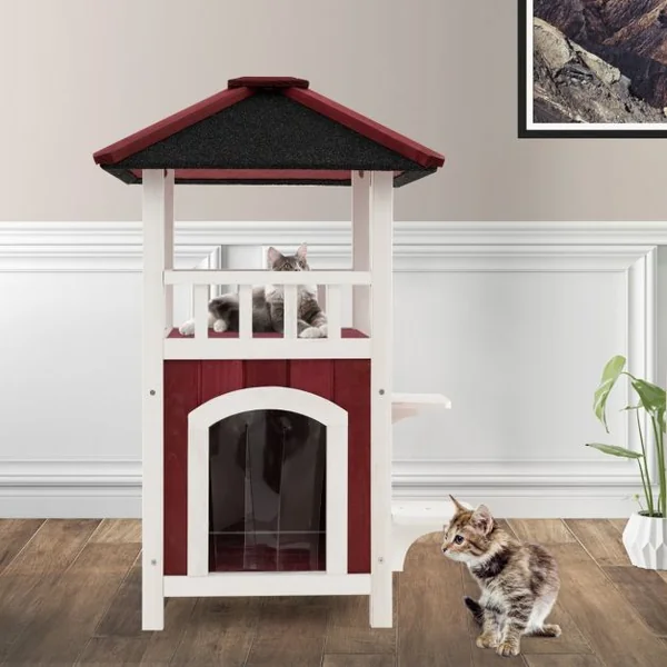 Niche en Bois Toit en Asphalte Balcon Maison pour Chat Rideau de Pluie Plates formes de Saut Intérieur Extérieur Rouge