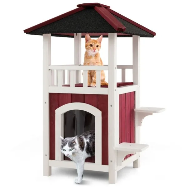 Niche en Bois Toit en Asphalte Balcon Maison pour Chat Rideau de Pluie Plates formes de Saut Intérieur Extérieur Rouge