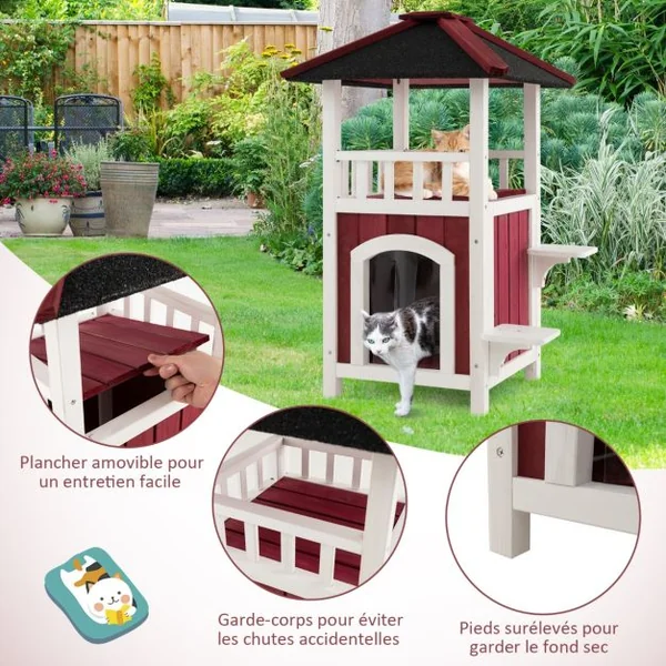 Niche en Bois Toit en Asphalte Balcon Maison pour Chat Rideau de Pluie Plates formes de Saut Intérieur Extérieur Rouge