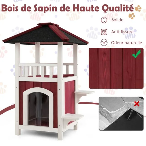 Niche en Bois Toit en Asphalte Balcon Maison pour Chat Rideau de Pluie Plates formes de Saut Intérieur Extérieur Rouge