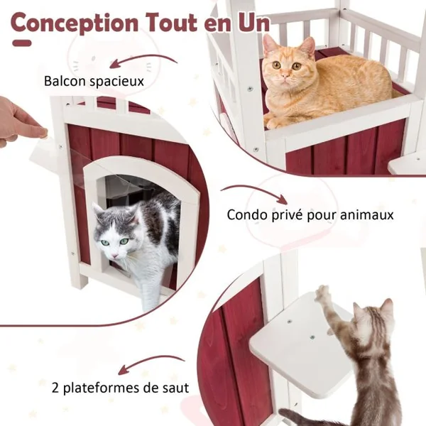Niche en Bois Toit en Asphalte Balcon Maison pour Chat Rideau de Pluie Plates formes de Saut Intérieur Extérieur Rouge