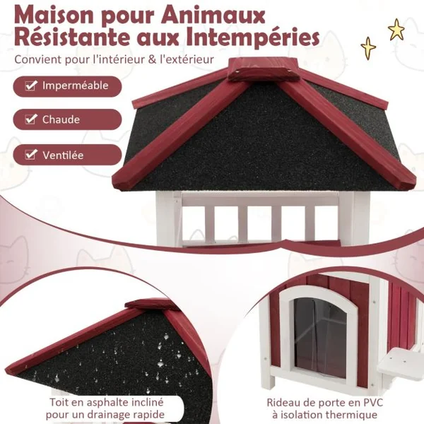Niche en Bois Toit en Asphalte Balcon Maison pour Chat Rideau de Pluie Plates formes de Saut Intérieur Extérieur Rouge