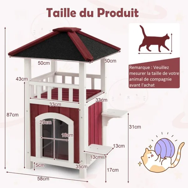 Niche en Bois Toit en Asphalte Balcon Maison pour Chat Rideau de Pluie Plates formes de Saut Intérieur Extérieur Rouge