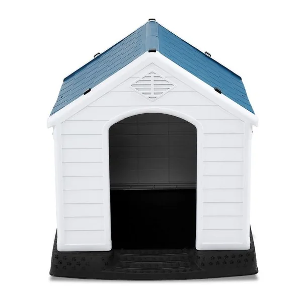 Niche pour Chien en PP avec Toit Bleu+Blanc Imperméable et Ventilé-Bouche d’Aération et Plancher Surélever 70x65x71,5CM Taill S/M