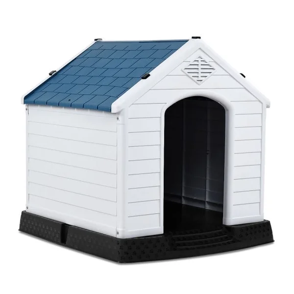 Niche pour Chien en PP avec Toit Bleu+Blanc Imperméable et Ventilé-Bouche d’Aération et Plancher Surélever 70x65x71,5CM Taill S/M