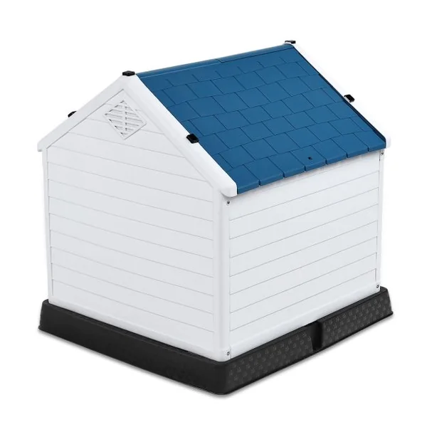 Niche pour Chien en PP avec Toit Bleu+Blanc Imperméable et Ventilé-Bouche d’Aération et Plancher Surélever 70x65x71,5CM Taill S/M