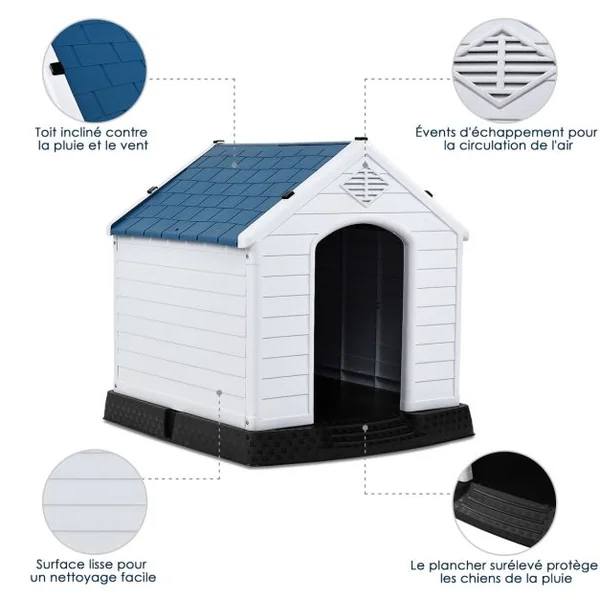 Niche pour Chien en PP avec Toit Bleu+Blanc Imperméable et Ventilé-Bouche d’Aération et Plancher Surélever 70x65x71,5CM Taill S/M