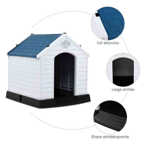 Niche pour Chien en PP avec Toit Bleu+Blanc Imperméable et Ventilé-Bouche d’Aération et Plancher Surélever 70x65x71,5CM Taill S/M