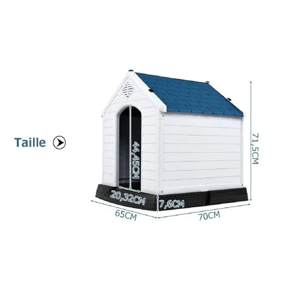 Niche pour Chien en PP avec Toit Bleu+Blanc Imperméable et Ventilé-Bouche d’Aération et Plancher Surélever 70x65x71,5CM Taill S/M